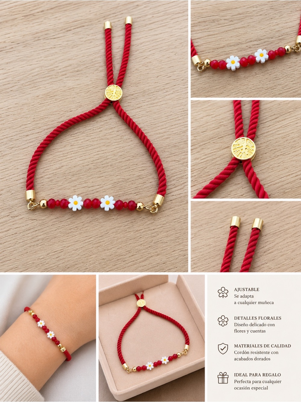 Red Daisy Beaded Adjustable Bracelet - Gold Accents